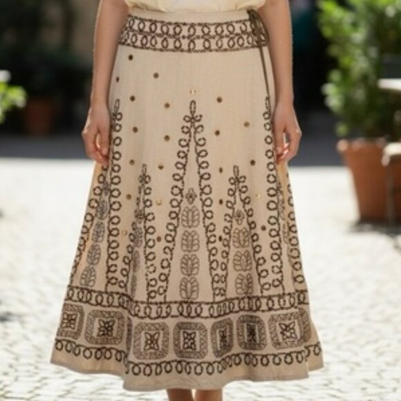 NWT Anthropologie BASIL & MAUDE MidiSkirt Beige Embellish Bronze Metallic Sequin - Picture 2 of 5